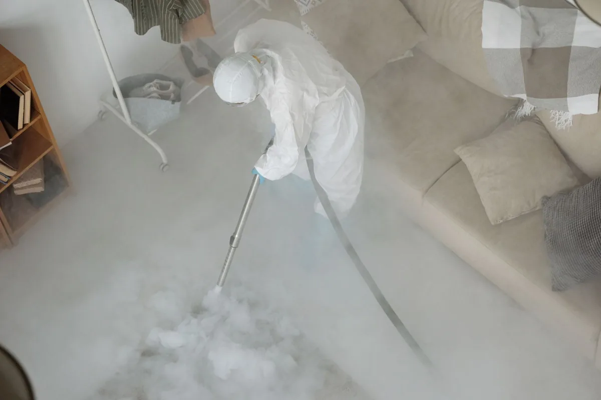 Biohazard cleanup technician in protective equipment, Belle Plaine, IA